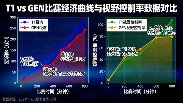 T1对阵GEN比赛的经济曲线与视野控制率数据对比图表